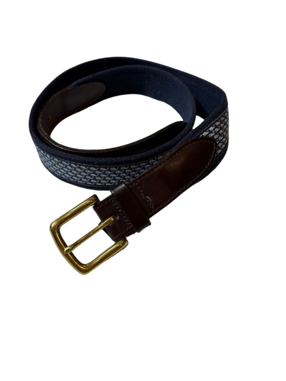 Vineyard Vines Size 34 Navy Whale Logo Canvas Leather Belt Made USA Preppy